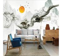 Encre De Chine Montagnes Maisons Oiseaux Lever Du Soleil Papier Peint 3d Moderne Soie Texturée Haut De Gamme IdéAl Pour Le Salon Et La Chambre à Coucher-300cm×210cm