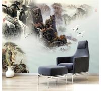 Encre De Chine Paysage Cascade Oiseaux En Vol Paysage Papier Peint 3D Installation Facile Intissé Tapisserie Bureau Salon Canapé Chambre Décoration Murale-300cm×210cm