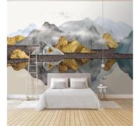 Encre Dorée Abstraite Et Lavis Pics Montagneux Oiseaux Volants Papier Peint 3D Installation Facile Intissé Tapisserie Bureau Salon Canapé Chambre Décoration Murale-400cm×280cm