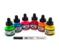 Encres acrylique - 6 flacons 29,5ml + 1 marqueur - Couleurs fluos - Daler Rowney