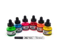 Encres Acrylique - 6 Flacons 29,5ml + 1 Marqueur - Couleurs Fluos - Daler Rowney