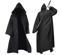 Encuryna Cape noire à capuche pour homme - Robe Jedi avec collier tête de mort - Cape de chevalier gothique médiévale, cape en satin - Cape d'Halloween - Carnaval