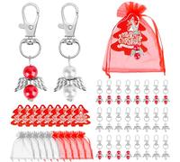 Encuryna Lot de 24 pendentifs ange gardien + sac en organza + étiquette cadeau en papier kraft - Pendentif ange gardien pour mariage, baptême, communion, Noël (rouge + blanc)