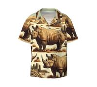 Endangered-Rhino-Yellow-Desert Chemise boutonnée à manches courtes et col cubain pour homme pour la plage, les vacances, Noir , L