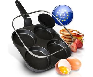 endusor Poele Pancakes et oeuf au plat - Poele de 21 cm adaptée à toute cuisinière + revêtement anti-adhésif & couvercle | Induction Gaz Céramique Électrique Halogène | 4 trous pour oeuf crêpe