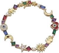 Endyniner Bracelet à breloques céleste, chaîne à maillons en cristaux multicolores, bracelet coloré en cristal étoilé, lune, soleil, cadeau étincelant pour femmes et filles amateurs d'astrologie, one