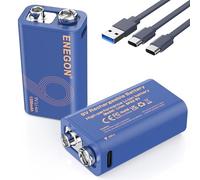 ENEGON 2 Pack Pile Rechargeable 9V 5000mWh (1350mAh) avec Recharge Type-C, Charge Complète en 3 Heures, Indicateur LED, Batterie Li-ION Haute Capacité pour Détecteurs de Fumée, Sonnettes et Plus
