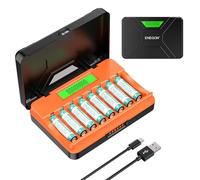 ENEGON Chargeur Rapide 8 Logements pour Piles AA/AAA avec Écran LCD + 8 Piles AAA Ni-MH (1100mAh), Station de Charge et Stockage USB-C - pour Télécommandes, Thermomètres et Électronique