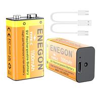 ENEGON Lot de 2 Batteries Lithium Rechargeables 9V 1100mAh avec Charge Rapide USB-C - Batteries 6F22 pour Guitares électriques, éclairage LED, détecteurs de fumée, Microphones et Plus.