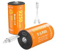 ENEGON Lot de 2 piles D rechargeables 9250 mWh 1,5 V lithium-ion LR20 avec câble de charge USB-C, convient pour lampes de camping, lampes LED, jouets et éclairage de secours