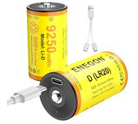 ENEGON Lot de 2 Piles D Rechargeables - 9250 mWh - Cellules D 1,5 V LR20 avec Câble USB-C (Charge 5V)- pour Voitures Télécommandées, Lampes de Camping, Lampes LED Portables et Éclairage de Secours
