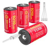 ENEGON Lot de 4 piles D rechargeables - 9250 mWh - 1,5 V - Lithium D (LR20) - Avec câble de charge USB-C - Pour lampes de camping, lampes LED et jouets