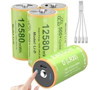 ENEGON Lot de 4 Piles Rechargeables D 1,5 V Lithium - Type-C (5 V Charge), 12580 mWh, LR20 avec Indicateur de Charge, Comprend 1 à 4 Câbles de Charge, pour Lampes Camping, Radios, Jouets, Poubelle