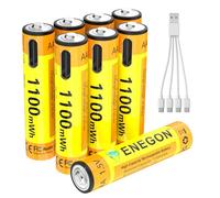 ENEGON Lot de 8 Piles AAA, 1100mWh, Tension Constante 1,5V (Câble USB-C 1-vers-4 Inclus), Charge 5V/2A, Plus de 500 Cycles, pour Télécommandes, Thermomètres Infrarouges et Rasoirs Électriques