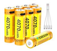 ENEGON Set de 8 Piles AA Lithium Rechargeables USB-C 4070 mWh 1,5V Tension Constante avec Câble de Recharge 1 vers 4 Puissance Élevée pour Manettes de Jeu, Serrures Intelligentes,Claviers et Souris