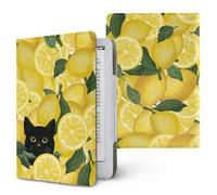 ENEN Étuis pour Kindle 6.8" 7", Coque pour Kindle Étui de Protection avec Support et Dragonne Housse Folio Motif Citron 3D Compatible Liseuse 6.8" 7" Protection Universel (Chat Noir)
