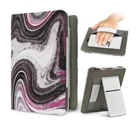 ENEN Étuis pour Kindle 6.8" 7", Coque pour Kindle Étui de Protection avec Support et Dragonne Housse Folio Style Marbre 3D Compatible Liseuse 6.8" 7" Protection Universel (Noir + Rose)