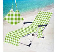 ENEN Housse de Chaise de Plage, Style Minimaliste, Serviette pour Transat Serviette Microfibre avec Poche pour Chaise Longue Pliable Jardin, Housse de Protection (Carreaux vert)