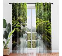 ENEN Lot de 2 Rideau Voile, Rideau Voilage Translucides Rideaux pour Salon, 3D Chutes d'eau Coucher Voilage Fenetre, Moderne Panneaux de Rideaux Intérieurs (80x115cm,Vert forêt)