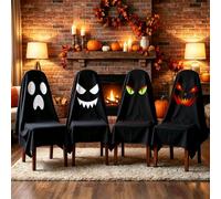 ENEN Lot de 4 Housse de Chaise Salle à Manger Décorations d'halloween, avec Motif de Visage de Fantôme Effrayant, Housses de Dossier de Chaise Universel Lavables Polyester (Fantôme Noir)