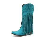 ENEN Santiag Femme Bottes Daim Western Bottes Cowboy Femme Talon Haut Mi-Mollet Chaussures Décontractées À La Mode Pompons Boots Santiag Cowboy femmes Basse Boucle Taille 34-45 (Bleu,35)