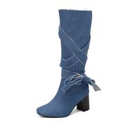 ENEN Santiag Femme Cuir Western, Taille 34-48 Santiag Femme Gros Mollet Bottes Cowboy Talon Haut avec Fermeture Éclair Bottes Western Country pour Trekking (S714 Bleu foncé,42)