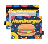Energetic Hamburger Lot de 2 trousses à crayons pour classeur à 3 anneaux Fermeture éclair lisse avec fenêtre en PVC transparent pour fournitures scolaires