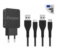 Energizer - Chargeur Secteur pour Smartphone - 2.4 A - 2 USB - Prise EU - Câble USB-C 2.0 & micro-USB inclus - Garanti à vie Noir G