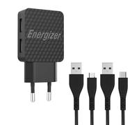 Energizer - Chargeur Secteur pour Smartphone et Tablette - 12W - 2 Ports USB-A - Prise EU. 2 Cables Micro-USB et USB-C Inclus - Garantie A Vie