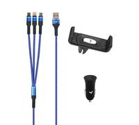 Energizer Kit Voiture 3-en-1 : Chargeur Allume-Cigare 12W Double USB + Support Téléphone Universel 360° + Câble Multi-Connecteurs (USB-C, Lightning, Micro-USB) - Pack Complet Eco-Conçu Bleu&Noir