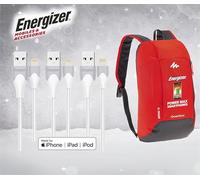 Energizer - Lot de 3 Câbles Lightning 1,2 m - Charge & synchonisation (2,4 A/480 Mbps) pour Smartphones Apple + Sac à Dos 10L