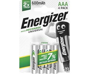 Energizer Recharge Universal - Piles Rechargeables AAA (Lot de 4) - 500 mAh | NiMH - pré-chargées - Puissance Longue durée - 1000 Cycles - Emballage 100% Recyclable et sans Plastique