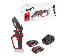 Energizer - Tronçonneuse Sans Fil 20V, Lame 120 mm - Vitesse 5 m/s - Ultra Compacte, Poignée Soft Grip - 2 Chaînes + Huile Incluses - Inclus 2 Batteries 2AH + Chargeur rapide Idéale Élagage, Jardinage