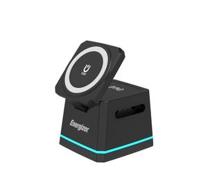 Energizer WCP307 3-1 Chargeur de bureau sans fil 15 W | Charge rapide pour smartphone, écouteurs et Apple Watch, compatible MagSafe, support pliable avec hauteur réglable, USB-C, sûr et universel