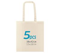 ENERGY FUSION Tote Bag, Lot de 5 sacs 100% coton naturel, à longues anses, lavables et réutilisables. Sac en jute. Cabas en Tissu à Poignées Solides pour les Courses, longues poignées. Sac Shopper.