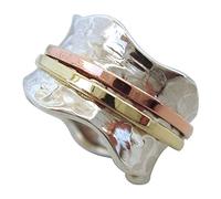 Energy Stone - « BRISE », bague tournante de méditation avec base martelée à motif et 1 rotateur en laiton et le deuxième en cuivre (Style UK06)