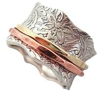 Energy Stone - « ÉQUILIBRE & BEAUTÉ », bague tournante de méditation avec 1 rotateur en laiton et 1 en cuivre sur une bague de base en argent avec motif à feuilles (Style 88)
