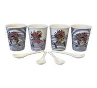 ENESCO Coffret de 4 Gobelets Expresso en céramique Blanche rayée chat, Guépard et Flamand Rose BLANC G