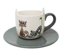 ENESCO Set cappuccino en céramique Couple de chats - Tasse H. 7 cm x D. 8 cm - Soucoupe D. 14 cm GRIS G