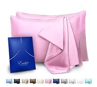 Enetix Lot de 2 taies d'oreiller en satin de soie de luxe pour cheveux et peau, avec emballage cadeau, parfaites pour lutter contre l’acné, avec fermeture éclair dissimulée, format Queen (50,8 x 76,2 cm), rose