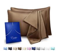 Enetix Lot de 2 taies d'oreiller en satin de soie de luxe pour cheveux et peau, avec emballage cadeau, parfaites pour lutter contre l’acné, avec fermeture éclair dissimulée, format Queen (50,8 x 76,2 cm), café
