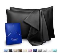 Enetix Lot de 2 taies d'oreiller en satin de soie de luxe pour cheveux et peau, avec emballage cadeau, parfaites pour lutter contre l’acné, avec fermeture éclair dissimulée, format Queen (50,8 x 76,2 cm), noir