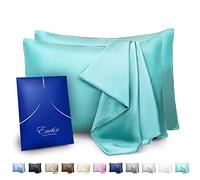 Enetix Lot de 2 taies d'oreiller en satin de soie de luxe pour cheveux et peau, avec emballage cadeau, parfaites pour lutter contre l’acné, avec fermeture éclair dissimulée, format Queen (50,8 x 76,2 cm), bleu turquoise