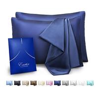 Enetix Lot de 2 taies d'oreiller en satin de soie de luxe pour cheveux et peau, avec emballage cadeau, parfaites pour lutter contre l’acné, avec fermeture éclair dissimulée, format Queen (50,8 x 76,2 cm), bleu marine