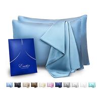 ENETIX Lot de 2 taies d'oreiller en Satin de Soie pour Cheveux et Peau, avec Fermeture éclair dissimulée, Lisse et sans acné, Tailles Standards (50 × 70 cm), Bleu Ciel