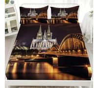 Enfant 1 Personnes Lit Drap Housse 80x160x30 cm RéFlexion Nocturne De La Ville Microfibre Drap Housse avec 2 Taie d'oreillers Sombre Respirant Hypoallergénique pour Décoration de Chambre