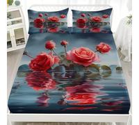 Enfant 2 Personnes Lit Drap Housse 160x200x30 cm Bleu Foncé Microfibre Drap Housse avec 2 Taie d'oreillers RéFlexion Romantique sur Une Rose Respirant Hypoallergénique pour Décoration de Chambre