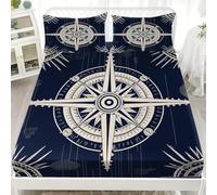 Enfant 2 Personnes Lit Drap Housse 200x200x30 cm ModèLe De Boussole RéTro Microfibre Drap Housse avec 2 Taie d'oreillers Bleu Foncé Respirant Hypoallergénique pour Décoration de Chambre