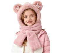 Enfant 3 en 1 Chapeau Écharpe Gant Set Hiver Bonnet en Peluche Mignon Chapeau Capuche avec Oreilles d'ours Casquettes Printemps Hiver Garçon Filles 5-12ans Multifonction pour Sports en Plein air