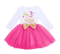 Enfant Bébés Filles Mon 3ème Anniversaire Robe Princesse Manche Longue 3 Ans Fête Troisième Anniversaire Photographie Soirée Noeud d'or Tutu Tulle Jupe Printemps Automne Vêtements Rose Vif 3 ans